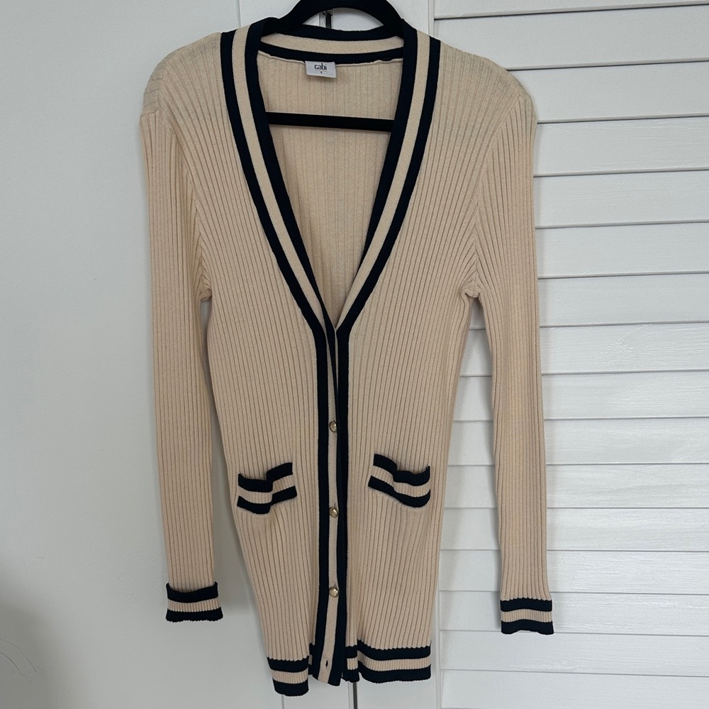 CAbi Beige and Black Ribbed Cardigan